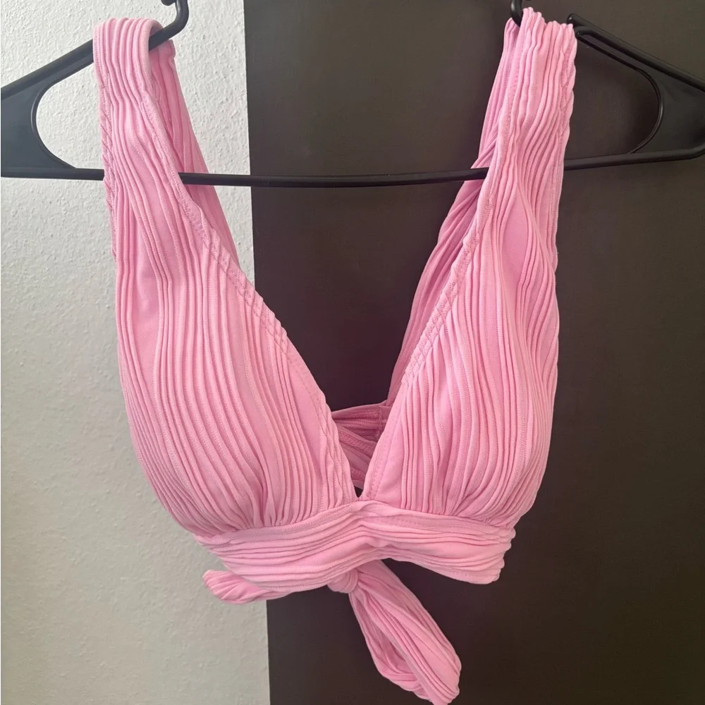 Pink Ribbed Tie-Front Bikini Top - Pastel Pink - Size M